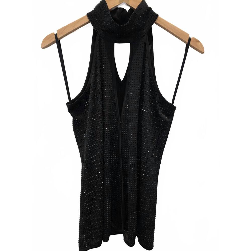 NEW SHERI BODELL women's halter mock neck beaded sleeveless top in black